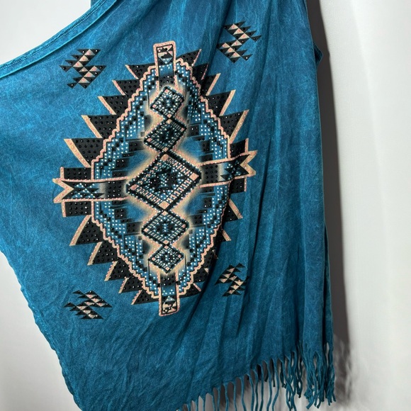 Vocal Turquoise Blue Rhinestone Studded Southwestern Fringe Open Vest - Picture 16 of 16